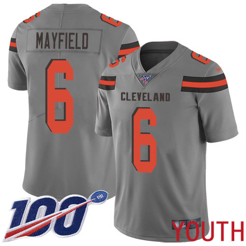 Cleveland Browns Baker Mayfield Youth Gray Limited Jersey #6 NFL Football 100th Season Inverted Legend->youth nfl jersey->Youth Jersey